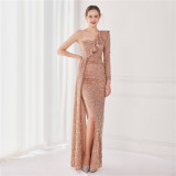 Winter Elegant Sequins Ruffled One Shoulder Long Sleeve Slit Formal Party Evening Dress
