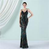 Women Summer Vintage Strap Sleeveless Striped Print Sequined Evening Dress