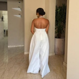 Elegant Halter Neck V-Neck Low-Back Solid Color Wide-Leg Jumpsuit