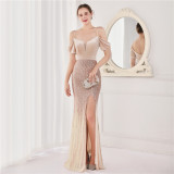 Spring Elegant Sequin Strap Off Shoulder Tassels Short Sleeve V-Neck Slit Long Evening Dress