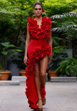 Red Deep V Sexy Ruffled V-neck One-Piece Swimsuit for Women