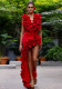 Red Deep V Sexy Ruffled V-neck One-Piece Swimsuit for Women