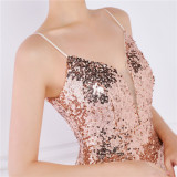 Women Summer Romantic Strap Sleeveless Solid Sequined Mermaid Evening Dress