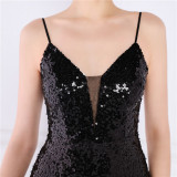 Women Summer Romantic Strap Sleeveless Solid Sequined Mermaid Evening Dress