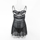 Sexy Hollow Strap Sheer Nightdress Thong Two-Piece Lingerie Set