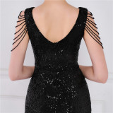 Women Summer Modest V-neck Sleeveless Sequined Mini Slit Club Dress