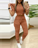 Round Neck Puff Sleeve Top Pants Two-Piece Set