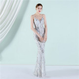 Women Summer Vintage Strap Sleeveless Striped Print Sequined Evening Dress