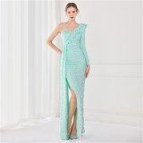 Winter Elegant Sequins Ruffled One Shoulder Long Sleeve Slit Formal Party Evening Dress