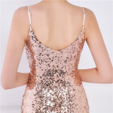 Women Summer Romantic Strap Sleeveless Solid Sequined Mermaid Evening Dress