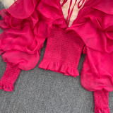 Spring Sexy Deep V-Neck Ruffled Slim Waist Lantern Sleeve Chiffon Shirt