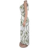 Women Casual Sexy V-Neck Backless Print Jumpsuit