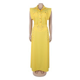 Elegant Career Solid Color Turndown Collar Sleeveless Shirt Slit Long Skirt Two-Piece Set