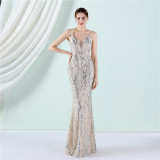 Women Summer Vintage Strap Sleeveless Striped Print Sequined Evening Dress