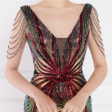 Women Summer Romantic V-neck Short Sleeves Sequined Mermaid Fringed Evening Dress