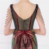 Women Summer Romantic V-neck Short Sleeves Sequined Mermaid Fringed Evening Dress
