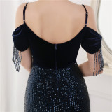 Spring Elegant Sequin Strap Off Shoulder Tassels Short Sleeve V-Neck Slit Long Evening Dress