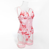 Sexy Butterfly Embroidery Lace-Up Three-Piece Lingerie Set