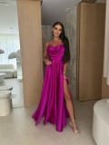 Women's Summer Sexy Low-Back Solid Color Strap Slit Dress