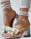 Pointed Toe Butterfly Lace-Up Thick Heel Sandals