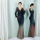 Women Spring Formal V-neck Full Sleeves Gradual change Sequined Mermaid Evening Dress