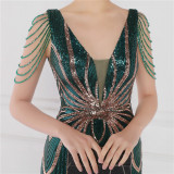 Women Summer Romantic V-neck Short Sleeves Sequined Mermaid Fringed Evening Dress