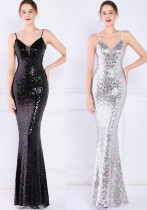 Women Summer Romantic Strap Sleeveless Solid Sequined Mermaid Evening Dress
