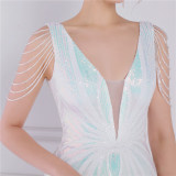 Women Summer Romantic V-neck Short Sleeves Sequined Mermaid Fringed Evening Dress