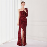Winter Elegant Sequins Ruffled One Shoulder Long Sleeve Slit Formal Party Evening Dress