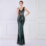 Women Summer Formal V-neck Sleeveless Patchwork Sequined Mermaid Evening Dress