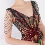 Women Summer Romantic V-neck Short Sleeves Sequined Mermaid Fringed Evening Dress