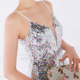 Women Summer Romantic Strap Sleeveless Solid Sequined Mermaid Evening Dress