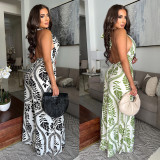 Women Casual Sexy V-Neck Backless Print Jumpsuit