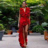 Red Deep V Sexy Ruffled V-neck One-Piece Swimsuit for Women