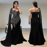 Women Spring Summer Beaded Strapless Shawl Long Sleeve Evening Dress