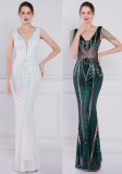 Women Summer Romantic V-neck Short Sleeves Sequined Mermaid Fringed Evening Dress