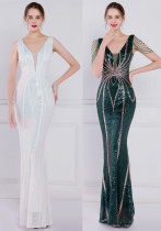 Women Summer Romantic V-neck Short Sleeves Sequined Mermaid Fringed Evening Dress