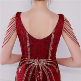 Women Summer Romantic V-neck Short Sleeves Sequined Mermaid Fringed Evening Dress
