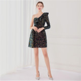 Winter Elegant Sequins Ruffled One Shoulder Long Sleeve Short Formal Party Dress