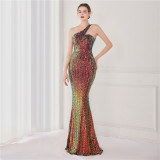 Spring Elegant Bling Bling Sequins One Shoulder Sleeveless Mermaid Formal Cocktail Evening Dress