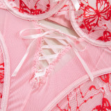 Sexy Butterfly Embroidery Lace-Up Three-Piece Lingerie Set