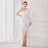 Winter Elegant Sequins Ruffled One Shoulder Long Sleeve Slit Formal Party Evening Dress