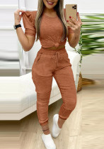Round Neck Puff Sleeve Top Pants Two-Piece Set Round Neck Puff Sleeve Top Pants Two-Piece Set