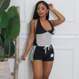 Women's Crop Hollow Contrast Low-Back Vest Shorts Two-Piece Set