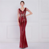 Women Summer Romantic V-neck Short Sleeves Sequined Mermaid Fringed Evening Dress