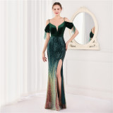 Spring Elegant Sequin Strap Off Shoulder Tassels Short Sleeve V-Neck Slit Long Evening Dress