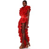 Red Deep V Sexy Ruffled V-neck One-Piece Swimsuit for Women