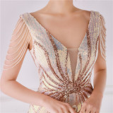 Women Summer Romantic V-neck Short Sleeves Sequined Mermaid Fringed Evening Dress