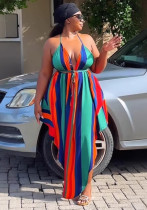 Sexy Low-Back Printed Halter Neck Lace-Up High-Slit Maxi Dress