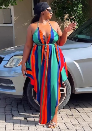 Sexy Low-Back Printed Halter Neck Lace-Up High-Slit Maxi Dress